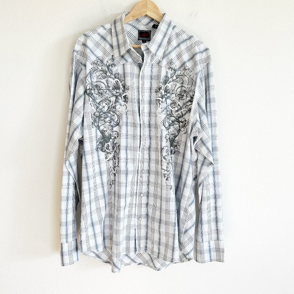 Roper Shirt Pearl Snap Embroidered Plaid Metallic Western Rodeo Cowboy